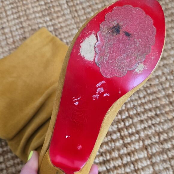 CHRISTIAN LOUBOUTIN Yellow Suede Mid-Calf Ruched Stiletto Round Toe Boots 38 - Picture 4 of 10